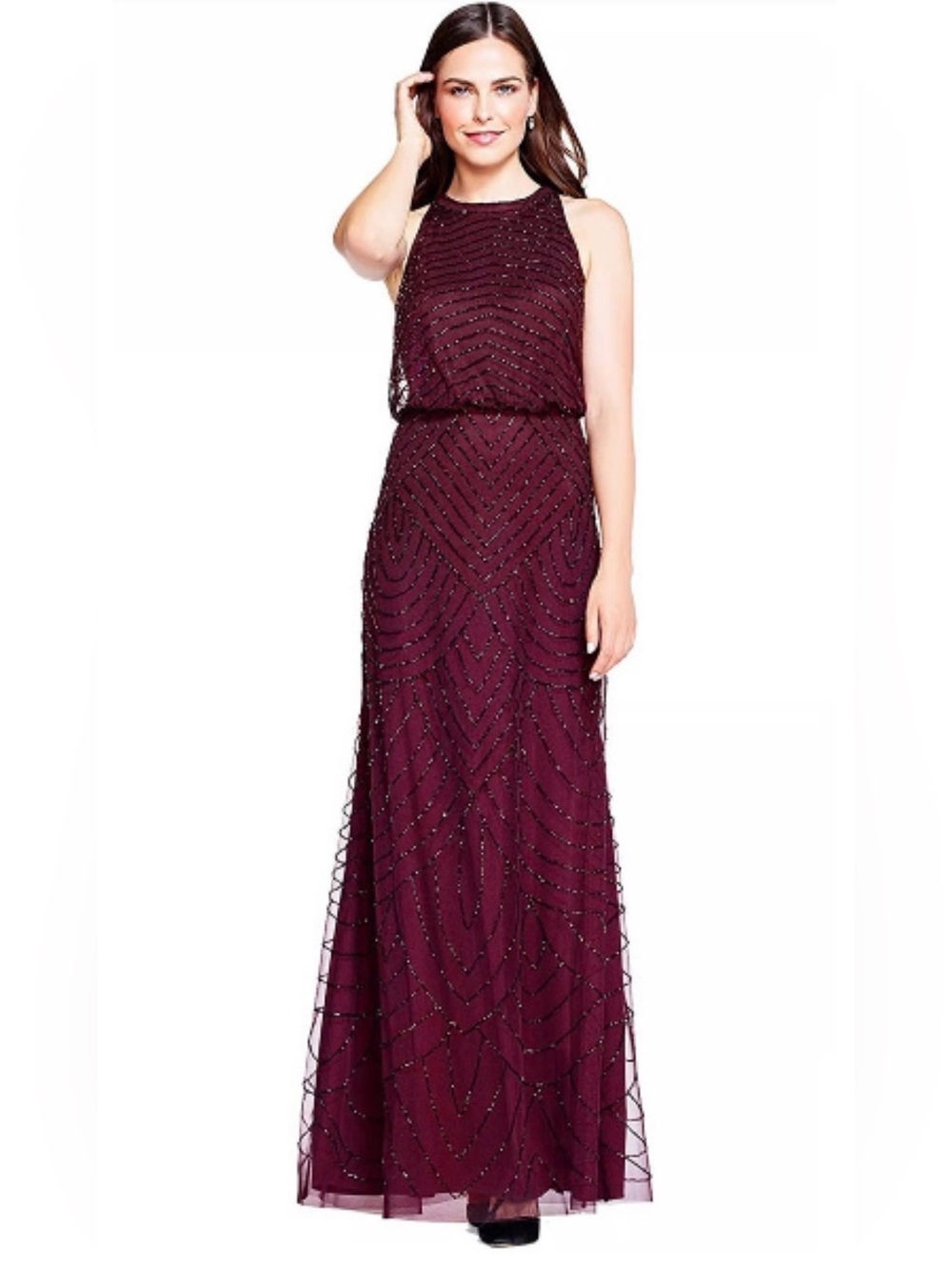 Adrianna Papell Women's Art Deco Beaded Blouson Dress with Halter Neckline new